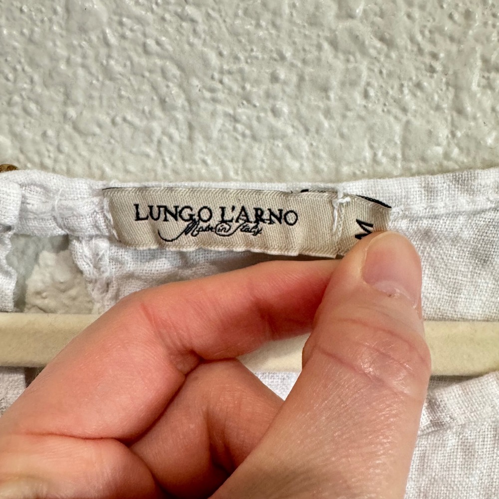Lungo L'Arno Italy 100% Linen Midi Dress White Grey Printed Pockets M Lagenlook‎ - Picture 3 of 14